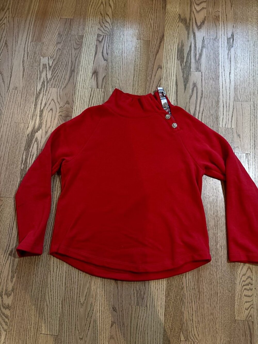 J.Crew Red Tartan Jeweled Button Mock Neck Pullover Sweatshirt Size M